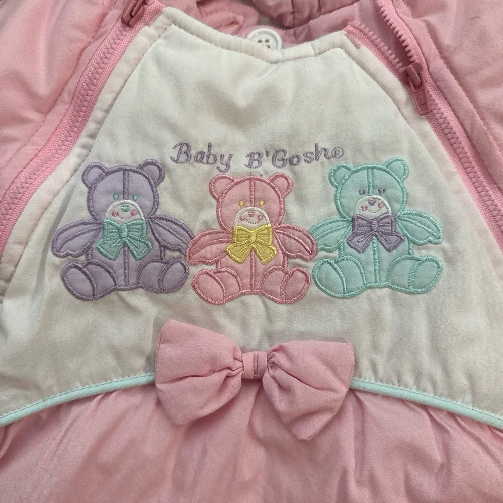 Vintage OshKosh Rare Girls Snowsuit Pink Teddy Bear Hooded Insulated Size 0/9M